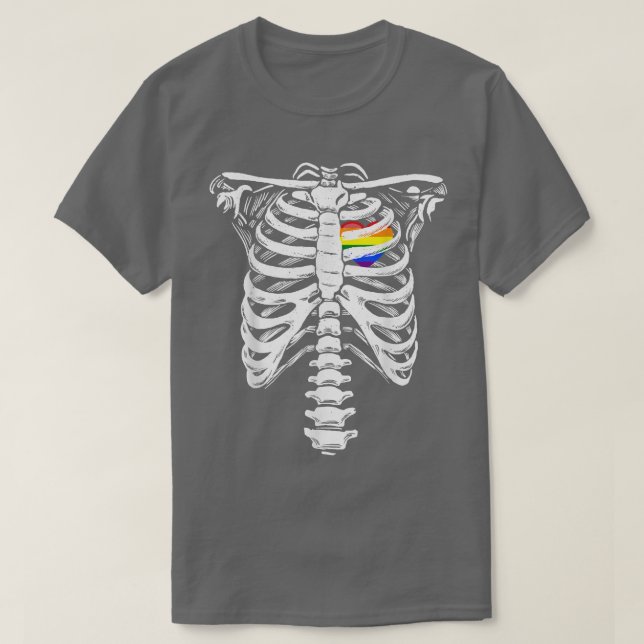 Camiseta Rainbow Heart Skeleton Rib Cage Love Gay Lesbian S (Frente do Design)
