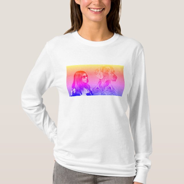 Camiseta Rainbow impressão cão e rapariga (Frente)