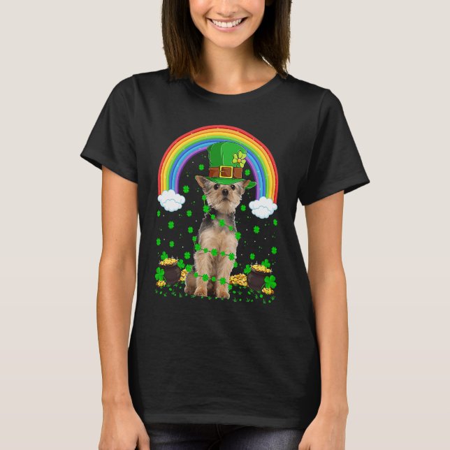 Camiseta Rainbow Irish Shamrock Yorkie Dog Dia de São Patrí (Frente)