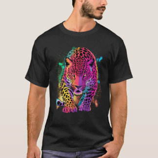 Camiseta Rainbow Jaguar Abstrato Colorful Cat Lover Men War