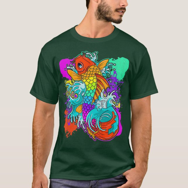 Camiseta Rainbow Koi Fish Painting Colorida Japonês (Frente)