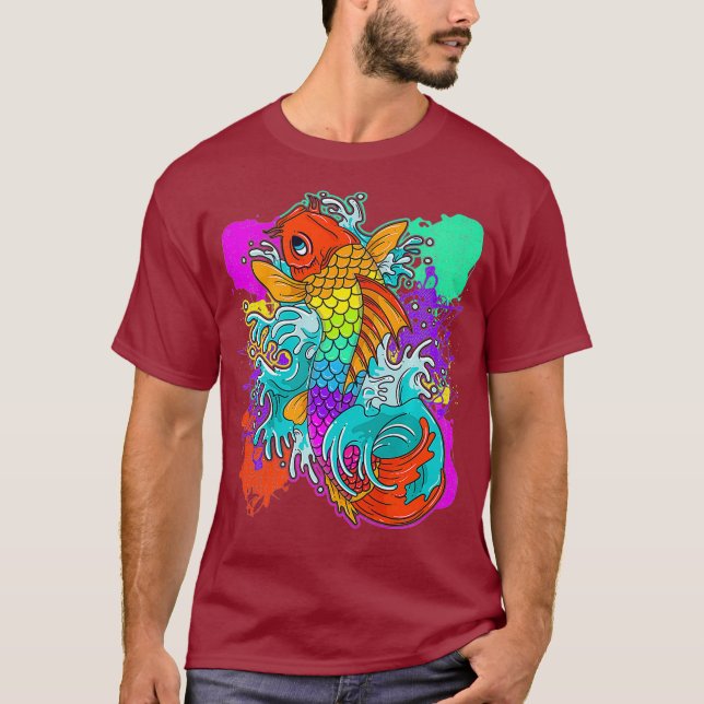 Camiseta Rainbow Koi Fish Painting Colorida Japonês (Frente)