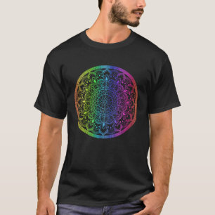 Camiseta Rainbow Mandala Rosette Flor Round Yoga Vibe Zen