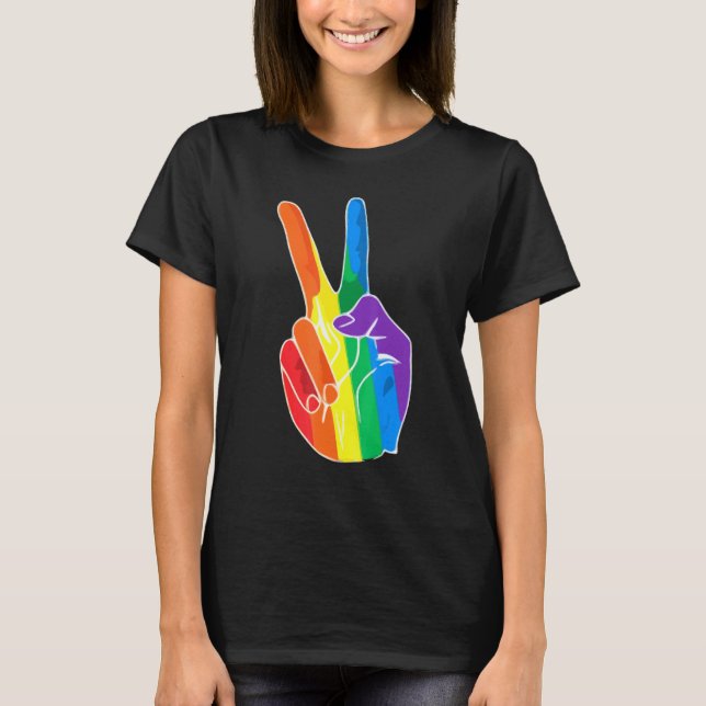 Camiseta Rainbow Peace Sign Love Lésbica Gay LGBT Orgulho L (Frente)