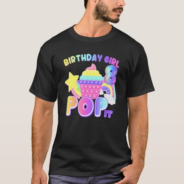 Camiseta Rainbow Pop It Birthday Girl 8 Anos 8º Nascimento (Frente)