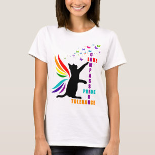 Camiseta Rainbow Pride Cat e Butterfly Design T-Shirt