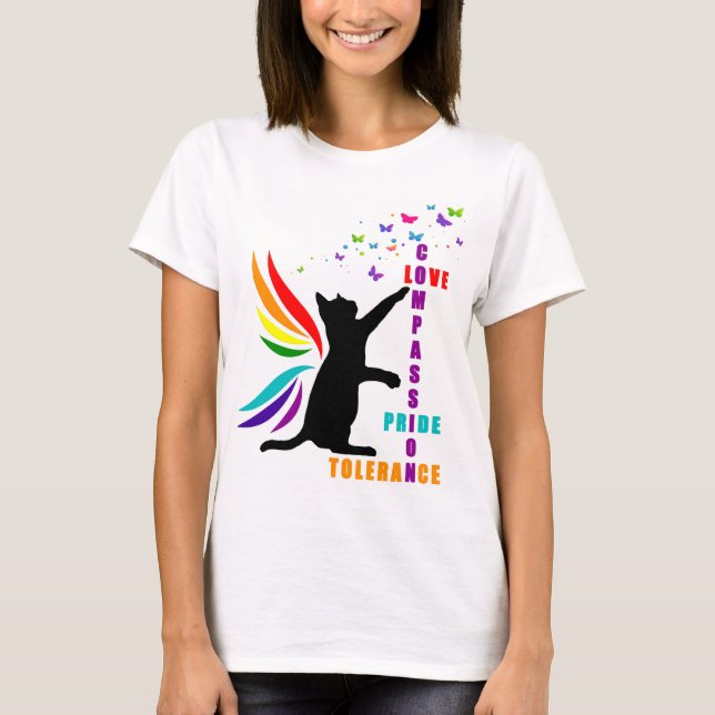 Camiseta Rainbow Pride Cat e Butterfly Design T-Shirt (Frente)
