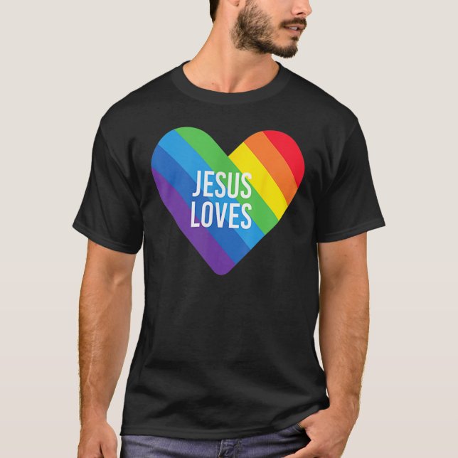 Camiseta Rainbow Pride Gay Christian LGBTQ+ Jesus Loves (Frente)