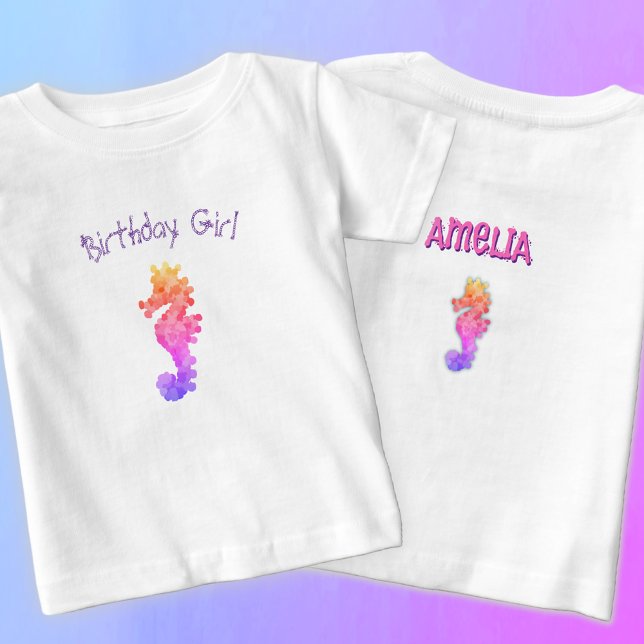 Camiseta Rainbow Seacavalo Birthday Girl Personalizada (Criador carregado)