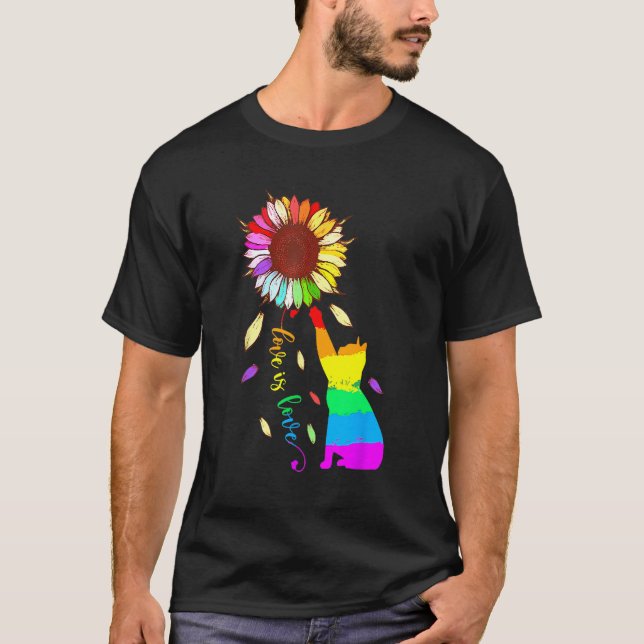 Camiseta Rainbow Sunflower Cat Love Is Love LGBT Gay Lesbia (Frente)