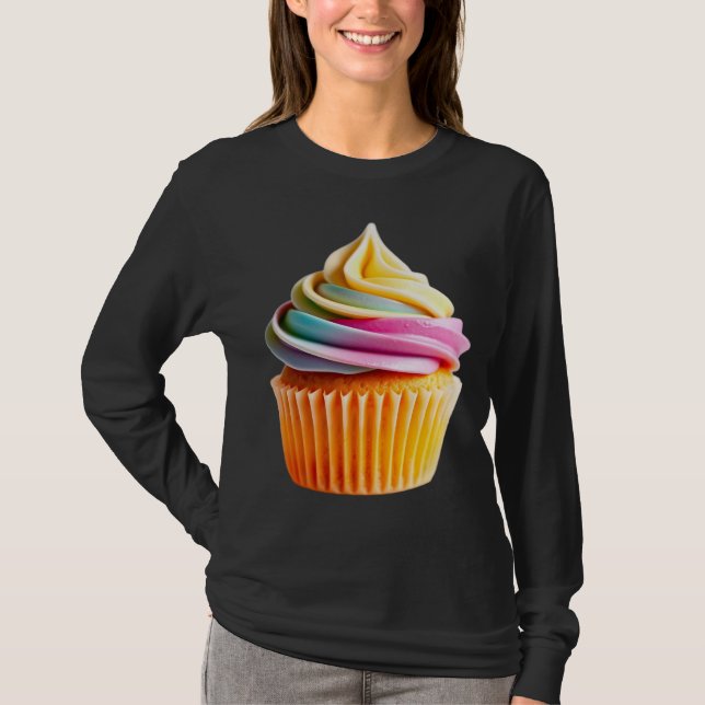 Camiseta Rainbow Swirl Cupcake with Colorful Wrapper (Frente)