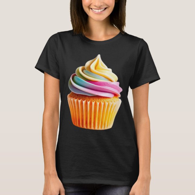 Camiseta Rainbow Swirl Cupcake with Colorful Wrapper (Frente)