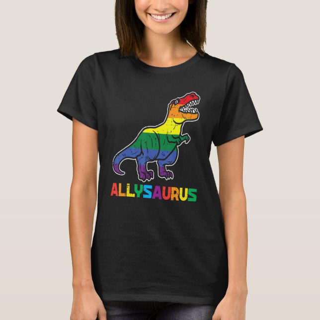 Camiseta Rainbow Trex Allysaurus Orgulho gay Flag Lgbtq Din (Frente)