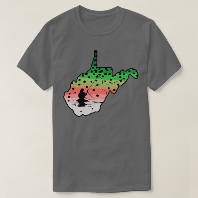 Camiseta Rainbow Trout Fly Fish West Virginia State Map Fly (Frente do Design)