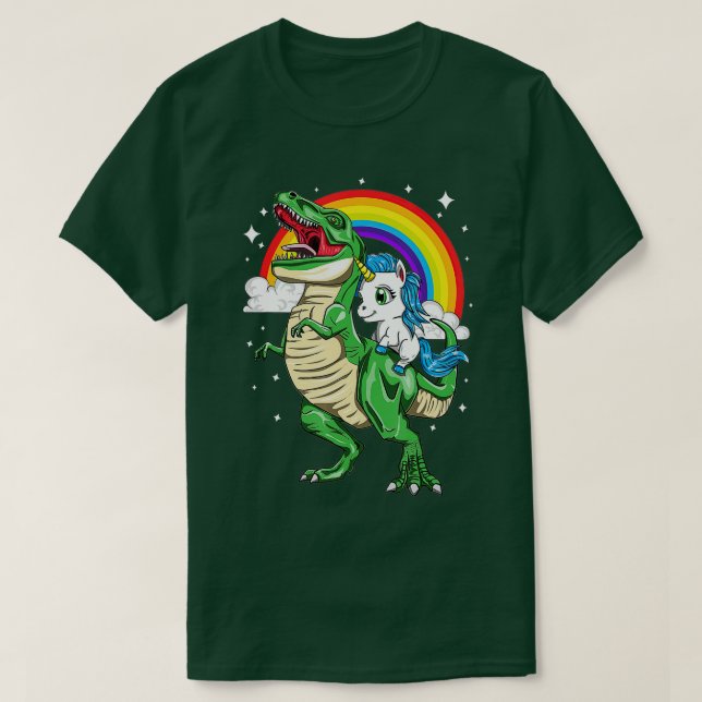 Camiseta Rainbow Unicorn Riding T Rex Tyrannosaurus Rex Din (Frente do Design)
