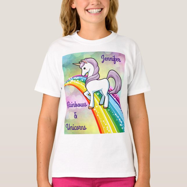 Camiseta Rainbow & Unicorn T Shirt Girls Shirt Personalize (Frente)
