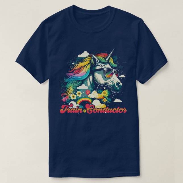 Camiseta Rainbow Unicorn Train Conductor (Frente do Design)
