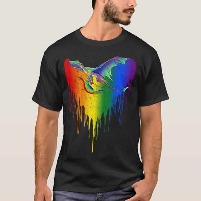 Camiseta Rainbows Dragões Cardíaco Clássico para LGBT Gay L (Frente)