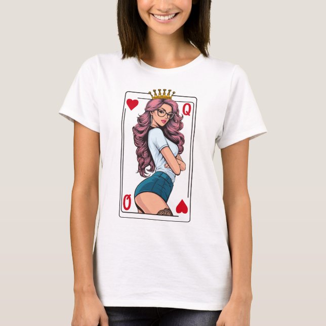 Camiseta "Rainha de Copas": uma mulher com cabelo rosa. (Frente)