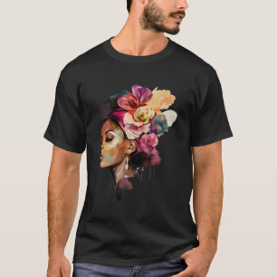 Camiseta Rainha Negra Afro Deusa Núbia com Flores