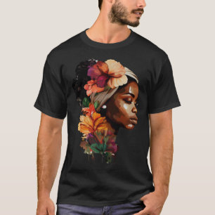 Camiseta Rainha Negra Deusa Afro Núbia com Flores 1