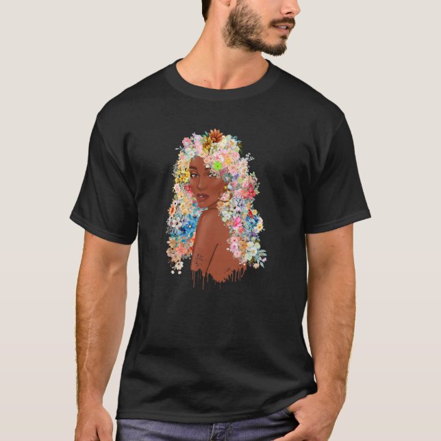 Camiseta Rainha Negra Flores de Cabelo Afro-América (Frente)