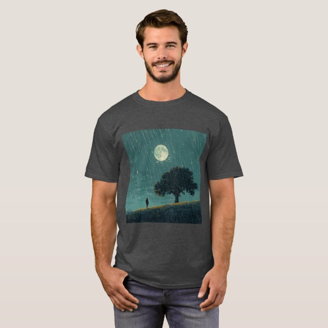 Camiseta Rainy Solitude – Lonely Person & Tree Illustration (Frente Completa)