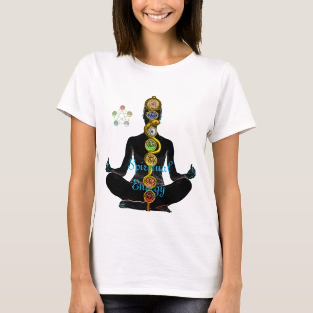 CAMISETA RAIO DE ASCLEPIUS 7 CHAKRAS, YOGA LOTUS POSE (Frente)