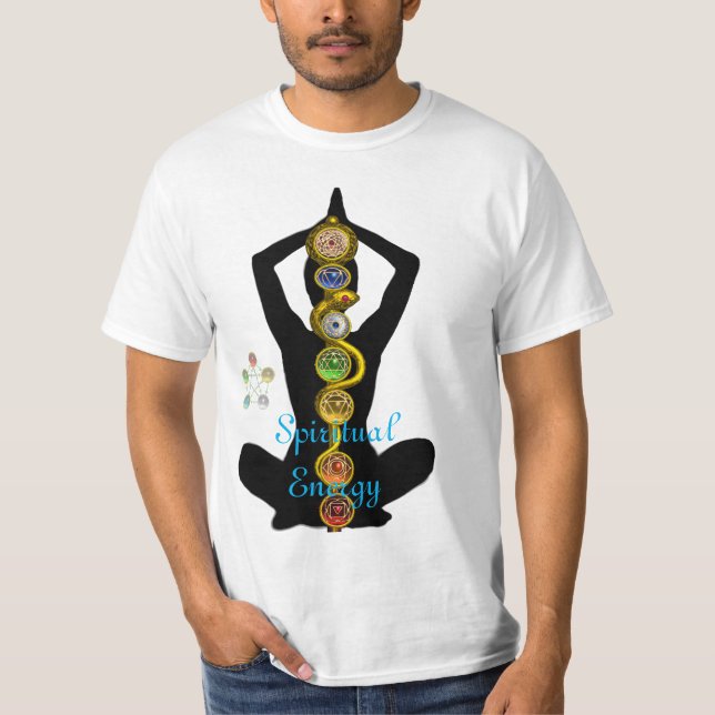 CAMISETA RAIO DE ASCLEPIUS 7 CHAKRAS, YOGA LOTUS POSE (Frente)