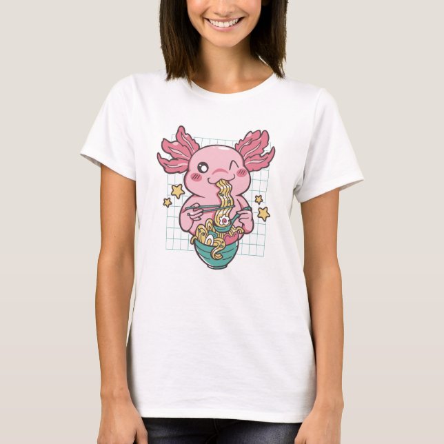 Camiseta Ramen Adorável Comendo Axolotl (Frente)