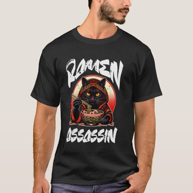 Camiseta Ramen Assassin Black Cat Engraçado Japonês Ramen N (Frente)