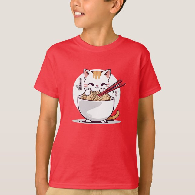 Camiseta Ramen Cat Comendo Noodles Design T Shirt (Frente)