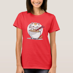 Camiseta Ramen Cat Comendo Noodles Design T Shirt