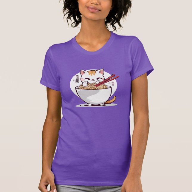 Camiseta Ramen Cat Comendo Noodles Design T Shirt (Frente)