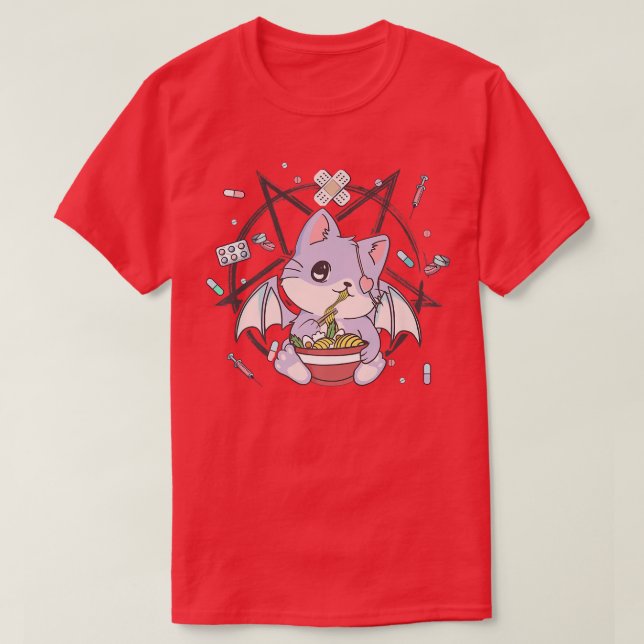Camiseta Ramen Cat Pastel Gótico Ramen Noodles Occult Penta (Frente do Design)