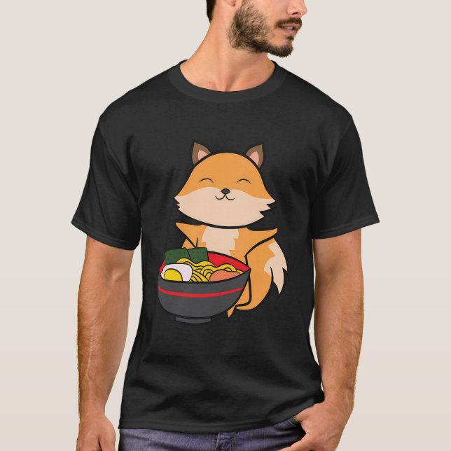 Camiseta Ramen Comendo Râmen De Raposa Cúbica Amam Ramen E  (Frente)