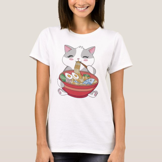 Camiseta Ramen Engraçado De Gato (Frente)