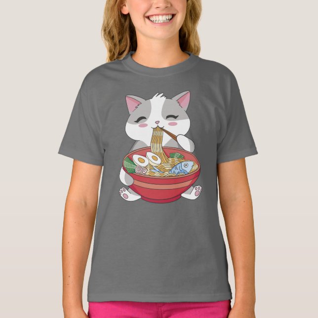 Camiseta Ramen Engraçado De Gato (Frente)