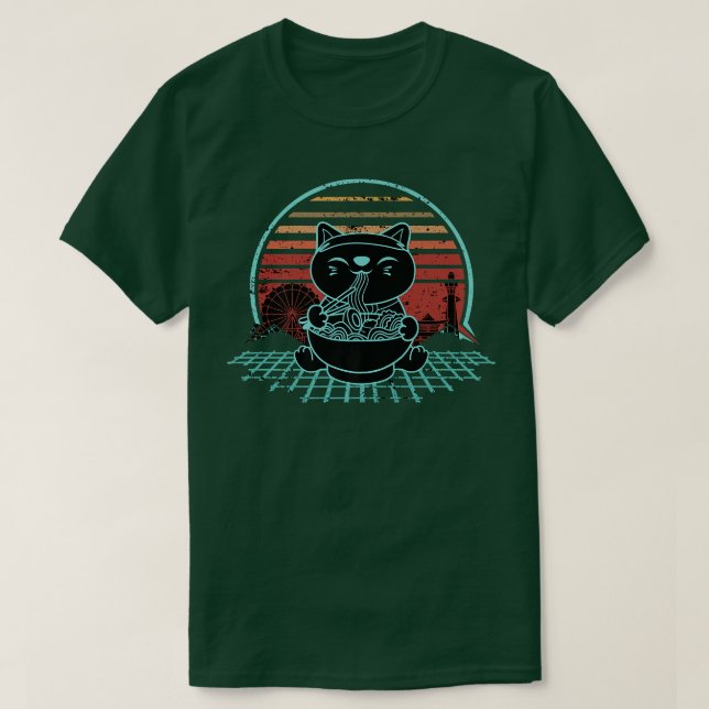 Camiseta Ramen Maneki Cat Neko Kawaii Retrowave Sunset2008 (Frente do Design)