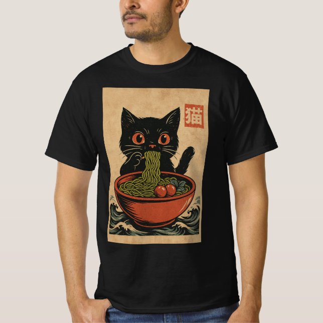 Camiseta Ramen Noodle Eating: Cat Mens T-Shirt (Frente)