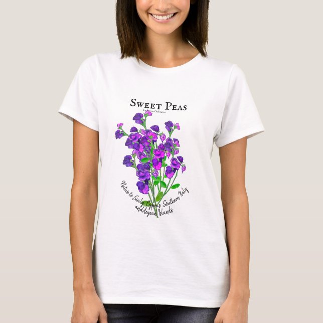 Camiseta Ramo de Ervilhas-de-cheiro Roxas pelo Artista com  (Frente)