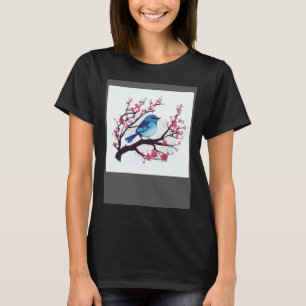 Camiseta Ramo de Flor de Cerejeira e Pássaro Azul Oriental