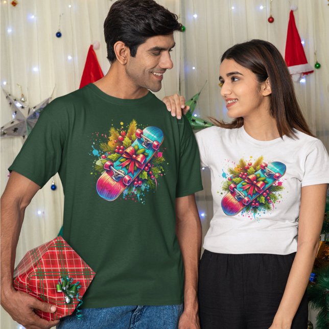 Camiseta Ramos de pinheiro Arco Vermelho no skate natalino (Criador carregado)