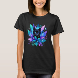 Camiseta Ramos de Plantas Roxas Silhueta Gatinho Floresta A
