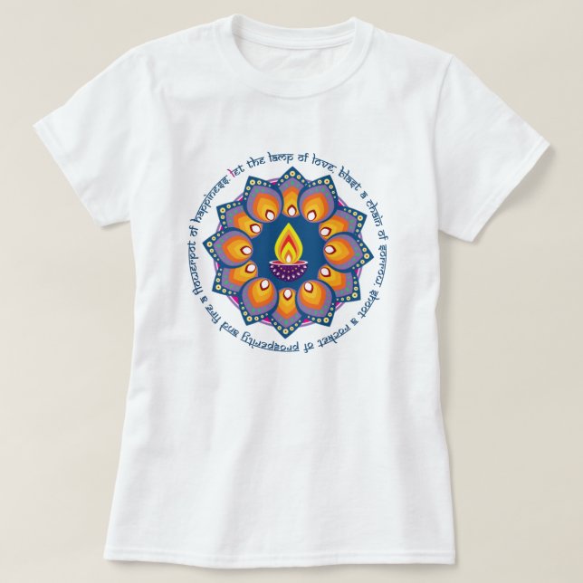 Camiseta 🎆 ❤️ Rangoli com Diya e o tradicional desejo de D (Frente do Design)
