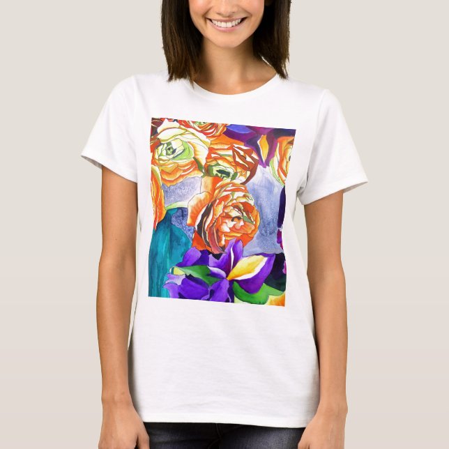 Camiseta Ranunculus e Iris watercolor art (Frente)