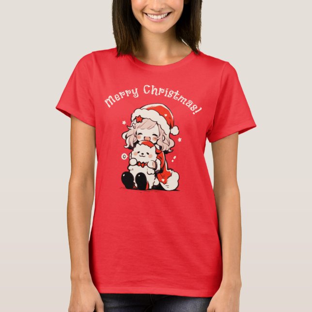 Camiseta Rapariga Branca de Férias Modernas com Natal de Cã (Frente)