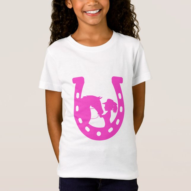 Camiseta Rapariga com Cavalo e Ferradura Rosa Quente do Cha (Frente)