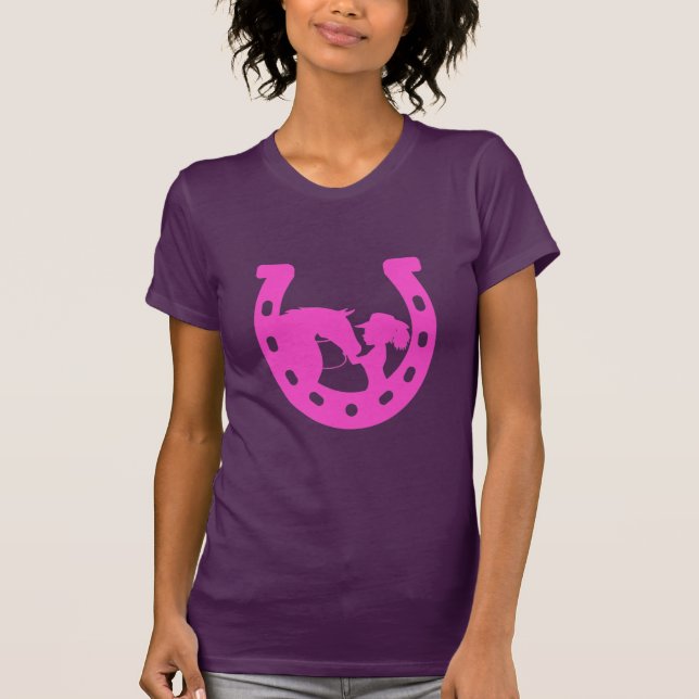 Camiseta Rapariga com Cavalo e Ferradura Rosa Quente do Cha (Frente)
