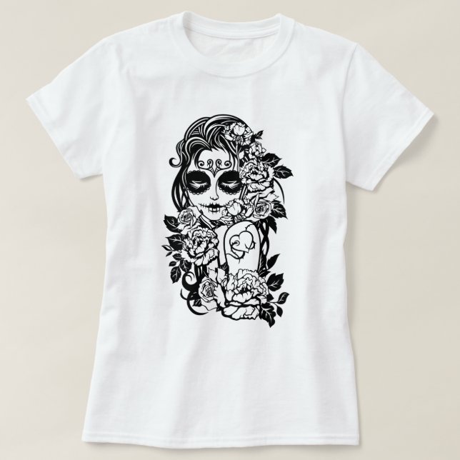 Camiseta Rapariga Crânio de Açúcar nas flores (Frente do Design)